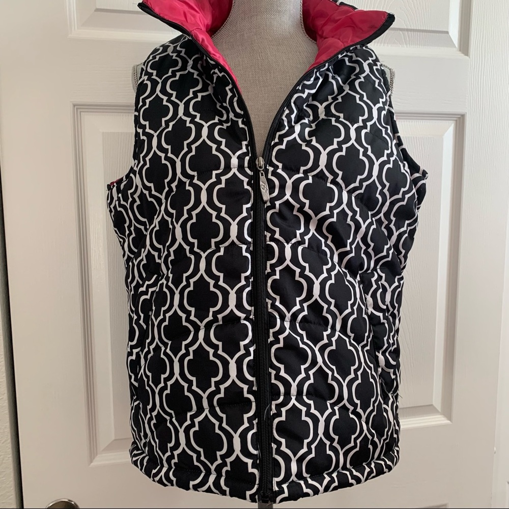 PUFFER puffy Vest size M  black print with bright pink interior and side pockets